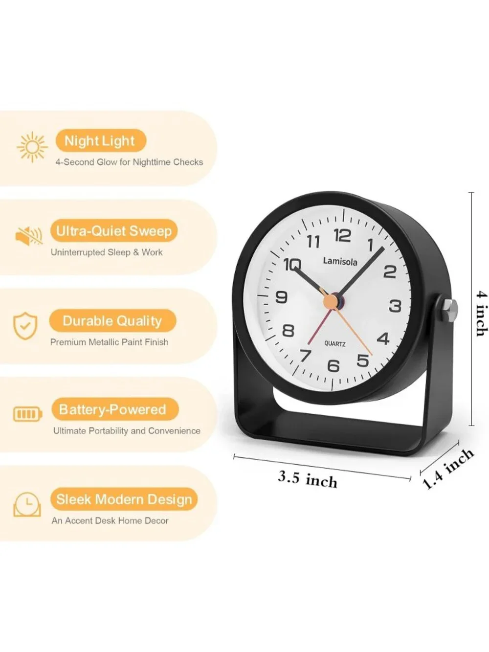Home Black Analog Quartz Battery Vintage Operated Silent Small Desk Alarm Clock